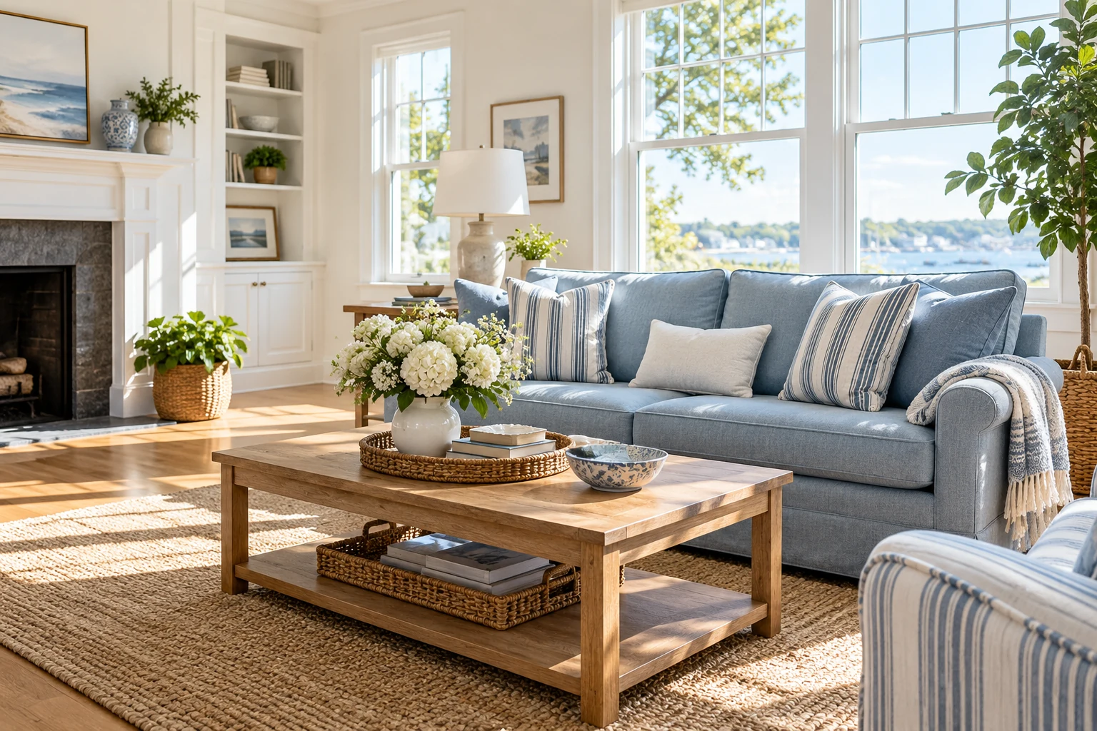 A bright, welcoming living room with a soft blue sofa, fresh flowers, and natural sunlight